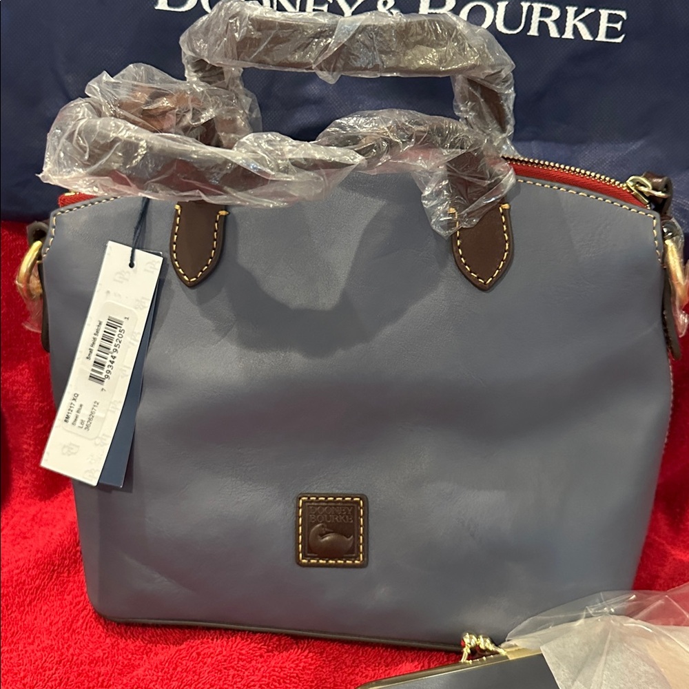 Genuine Dooney & Bourke Leather Slate Blue Satchel with Brown Leather Accents - Picture 2 of 11